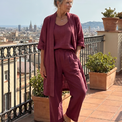 Burgundy relaxed three-piece set with duster, scoop-neck top, and wide-leg pants