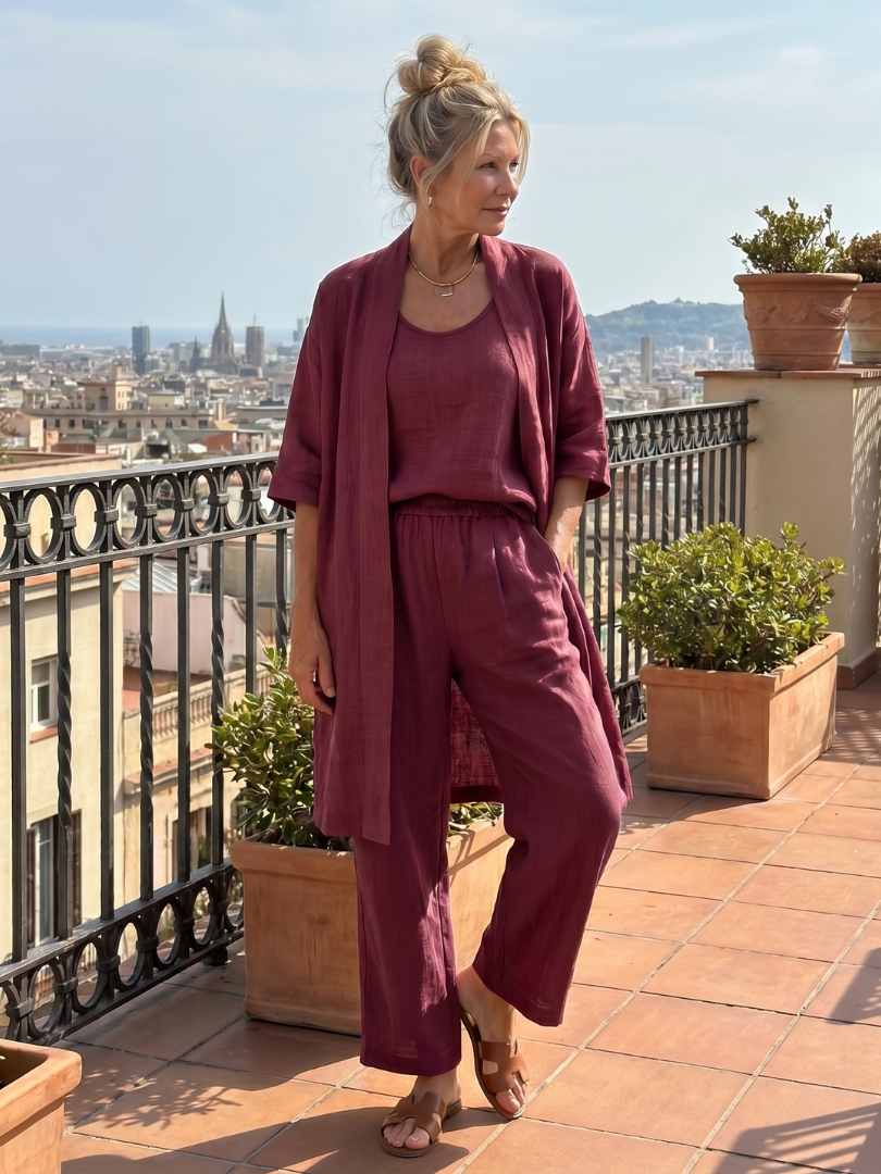 Burgundy relaxed three-piece set with duster, scoop-neck top, and wide-leg pants