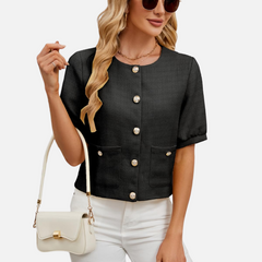 Black cropped tweed blazer jacket with short sleeves, front gold-tone buttons, flap pockets