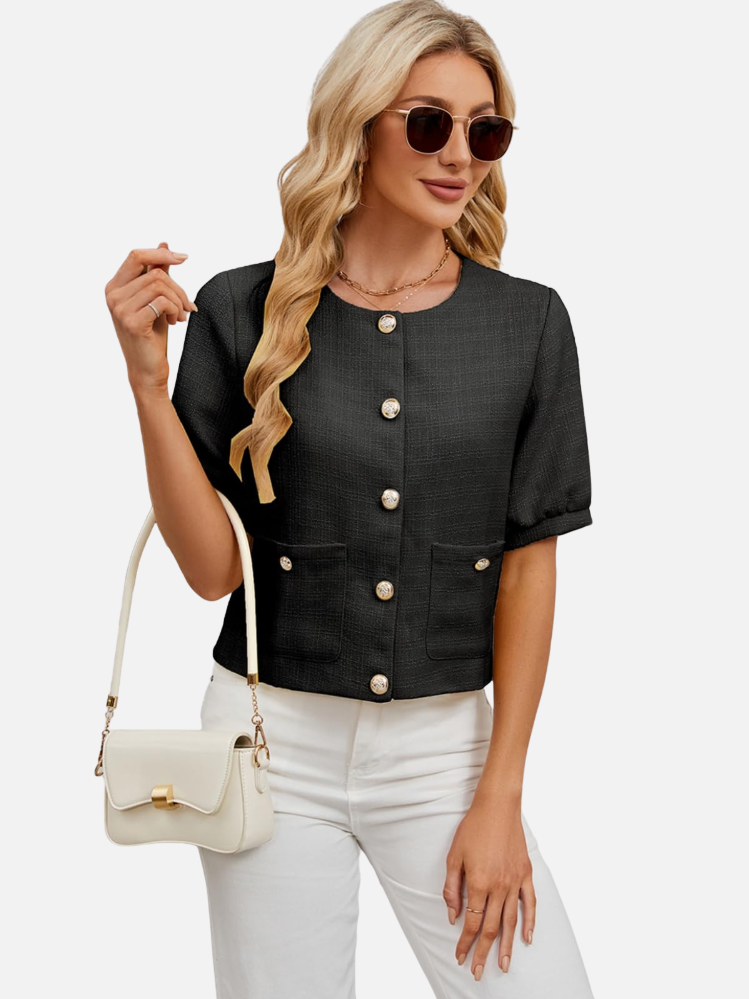 Black cropped tweed blazer jacket with short sleeves, front gold-tone buttons, flap pockets