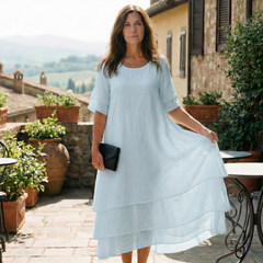 Sky blue soft layered midi dress with short sleeves and tiered skirt