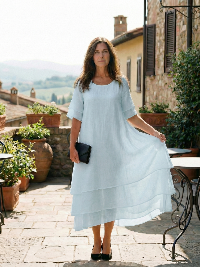 Sky blue soft layered midi dress with short sleeves and tiered skirt