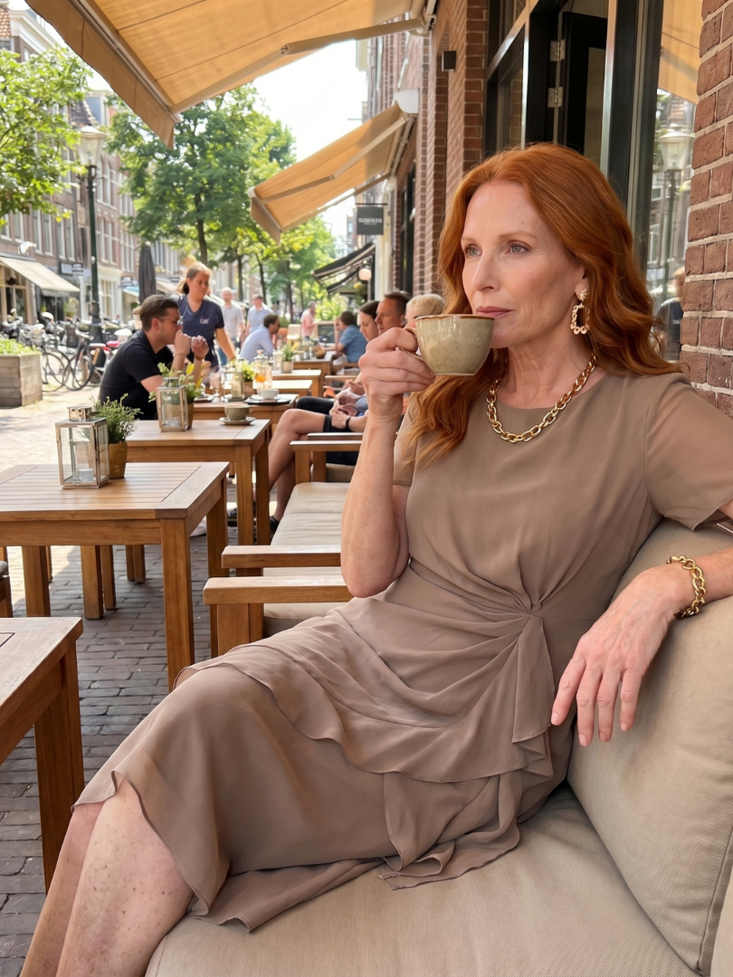 Khaki chiffon draped dress with short sleeves and layered ruffle hem