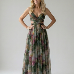 Soft wrap maxi dress with V-neck and gathered skirt, multicolor dark green and pink