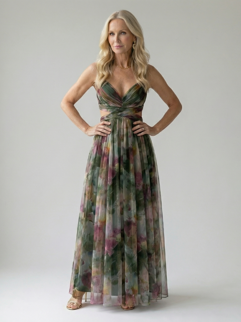 Soft wrap maxi dress with V-neck and gathered skirt, multicolor dark green and pink