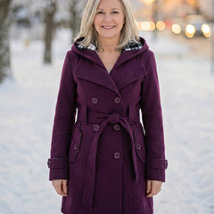 Purple wool hooded coat with plaid collar, button front, and waist tie belt