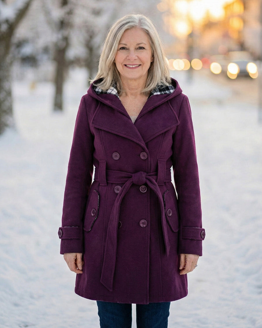 Purple wool hooded coat with plaid collar, button front, and waist tie belt