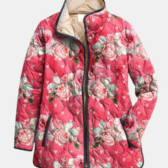 Pink floral quilted jacket with stand collar and snap buttons