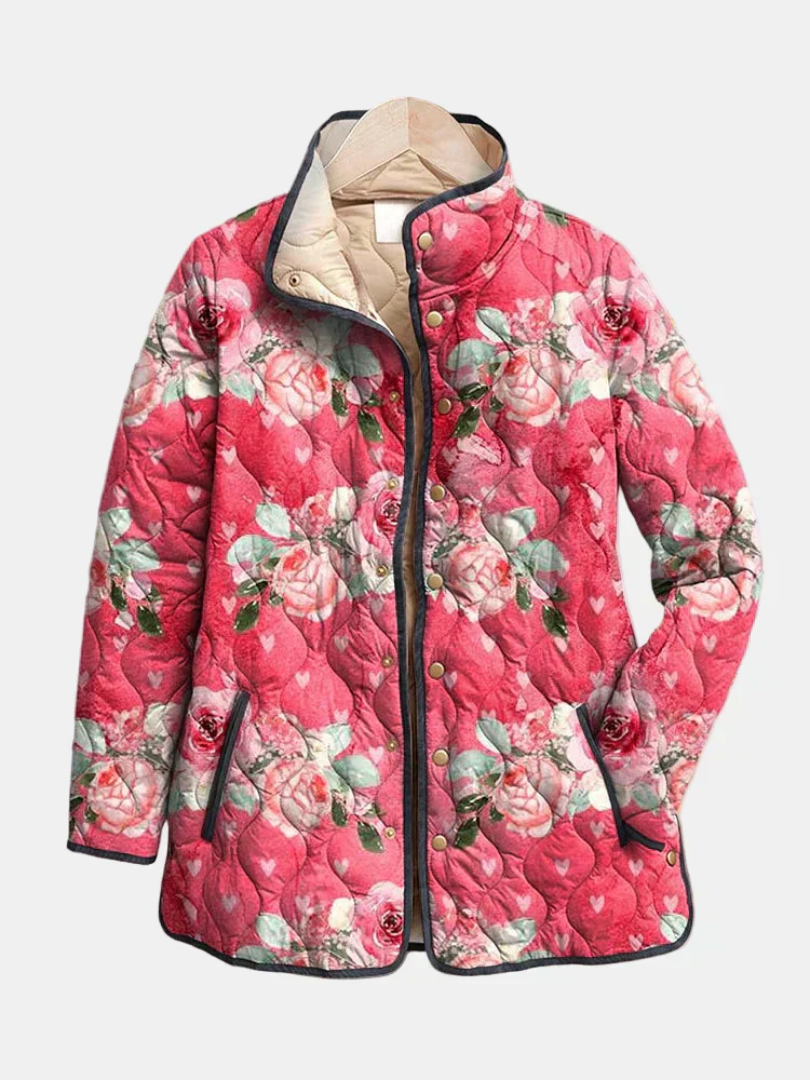 Pink floral quilted jacket with stand collar and snap buttons