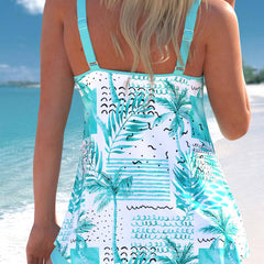 Back view of aqua tankini set with tropical leaf and animal print, matching swim shorts.