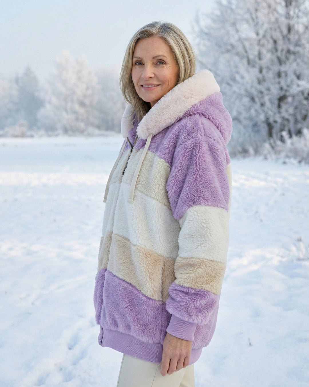 Colorblock plush jacket with hood and zip front; lavender and cream colorblock plush