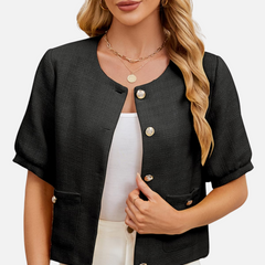 Black cropped tweed blazer jacket with gold-tone button front and two flap pockets