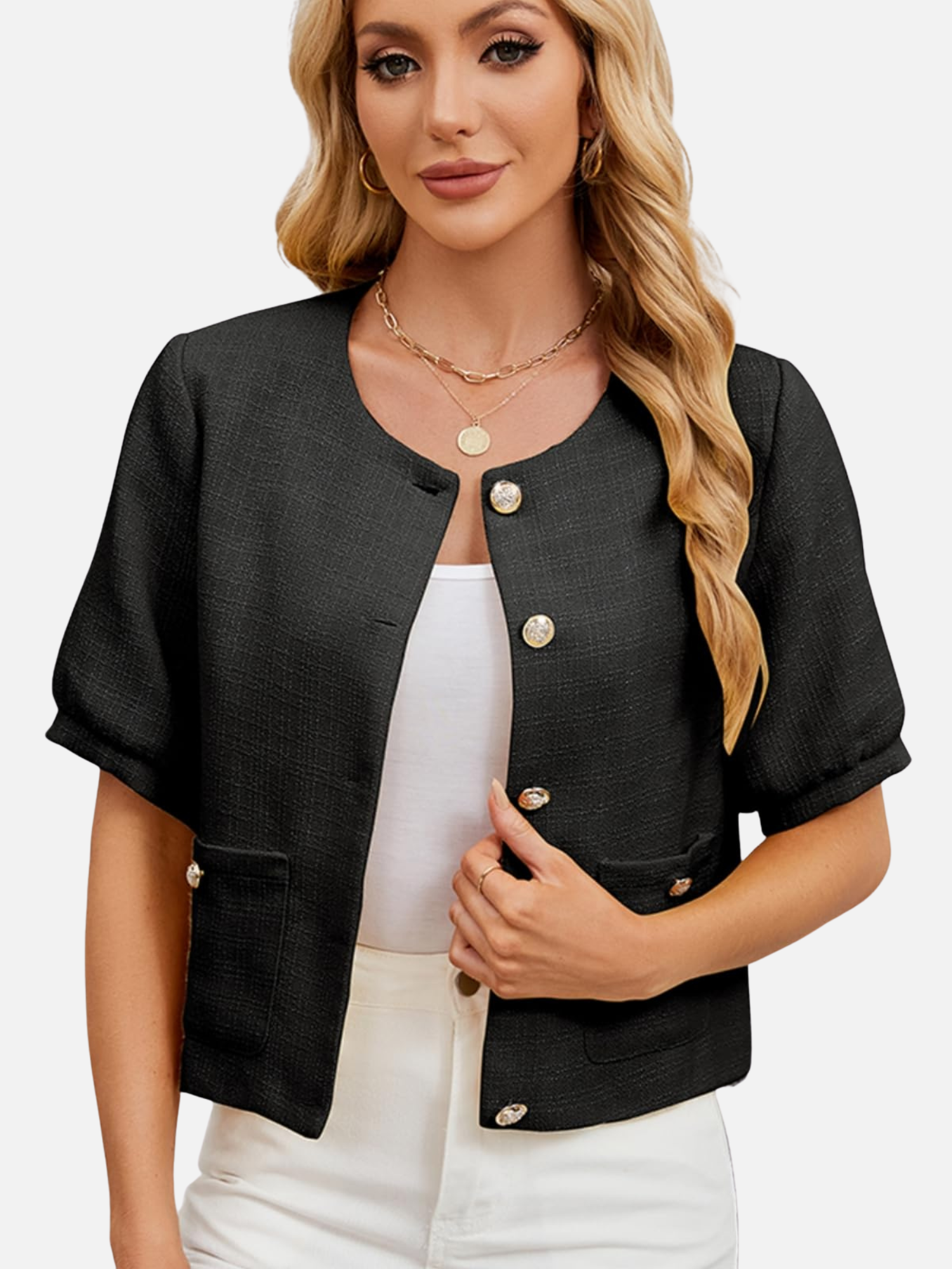 Black cropped tweed blazer jacket with gold-tone button front and two flap pockets
