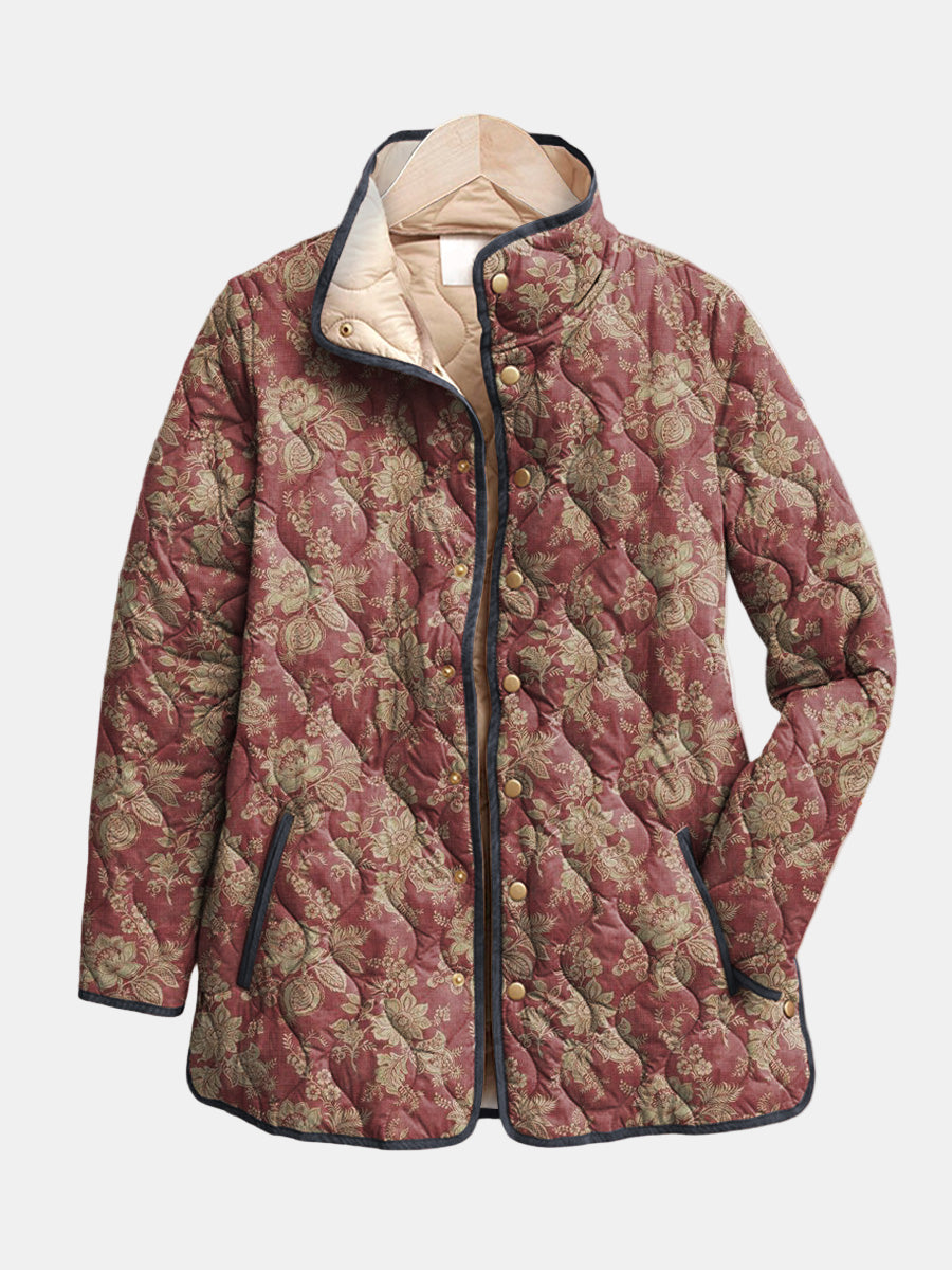 Retro floral print jacket with stand collar, button front, and long sleeves