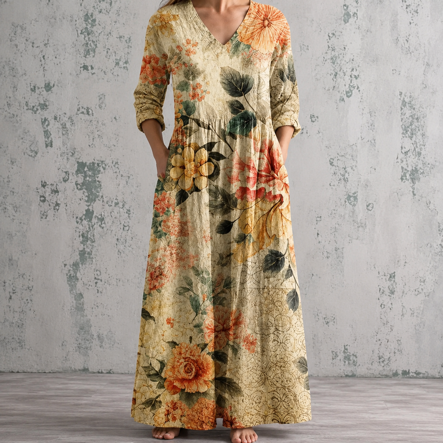 Floral summer dress with V-neck, 3/4 sleeves, and gathered waist detail
