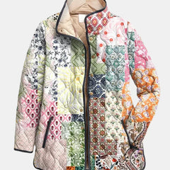 Patchwork print quilted jacket with button front and stand collar