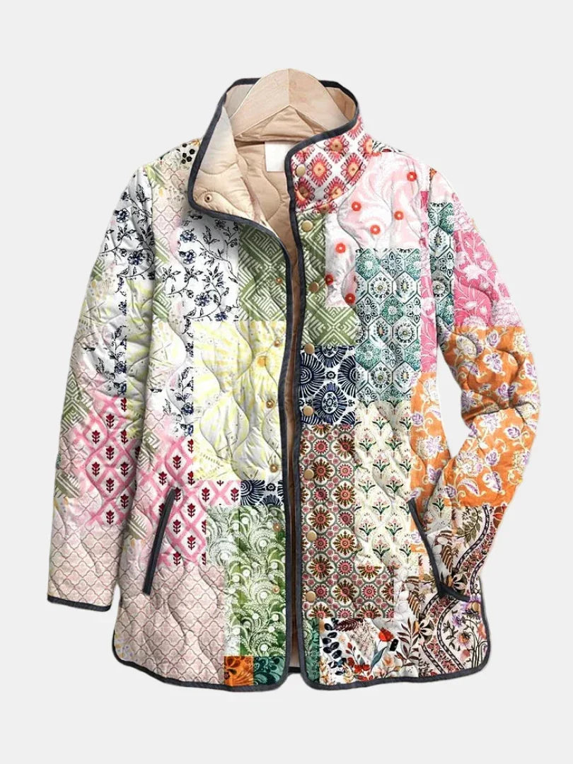 Patchwork print quilted jacket with button front and stand collar