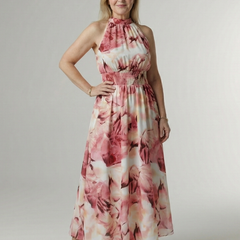 Gathered halter midi dress, pink floral tie-dye front with smocked bodice