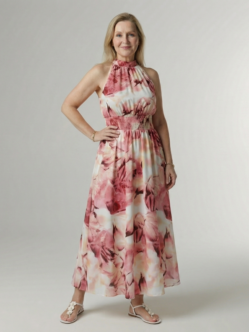 Gathered halter midi dress, pink floral tie-dye front with smocked bodice