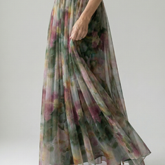 Soft wrap maxi dress with V-neck and flowing skirt, multicolor print in green and pink