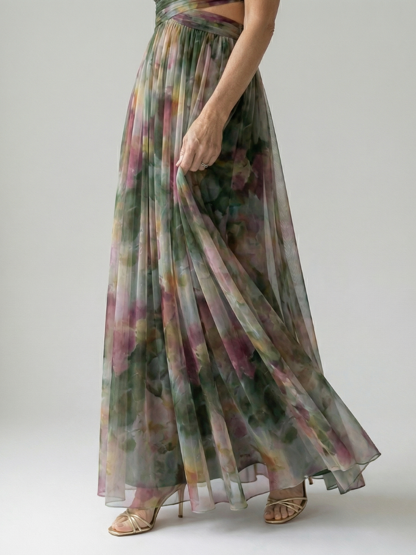 Soft wrap maxi dress with V-neck and flowing skirt, multicolor print in green and pink