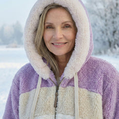 Colorblock plush jacket hood with white drawstrings and zip front; lavender and cream panels