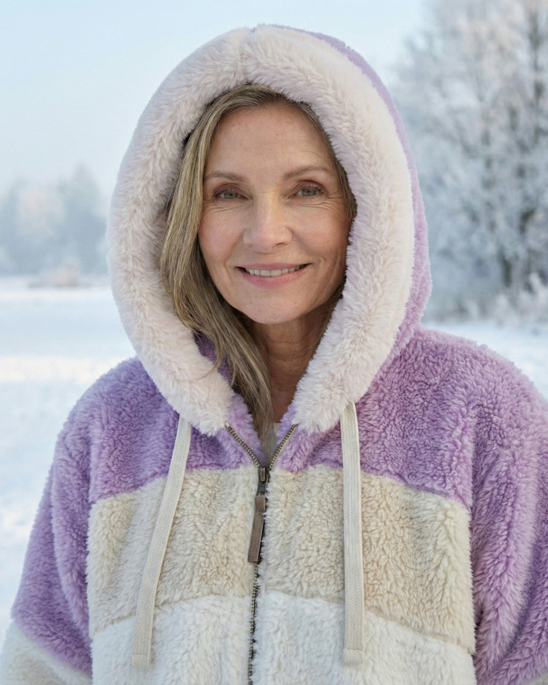 Colorblock plush jacket hood with white drawstrings and zip front; lavender and cream panels