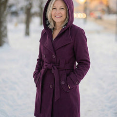 Purple wool belted coat with plaid-trim hood and buttoned front