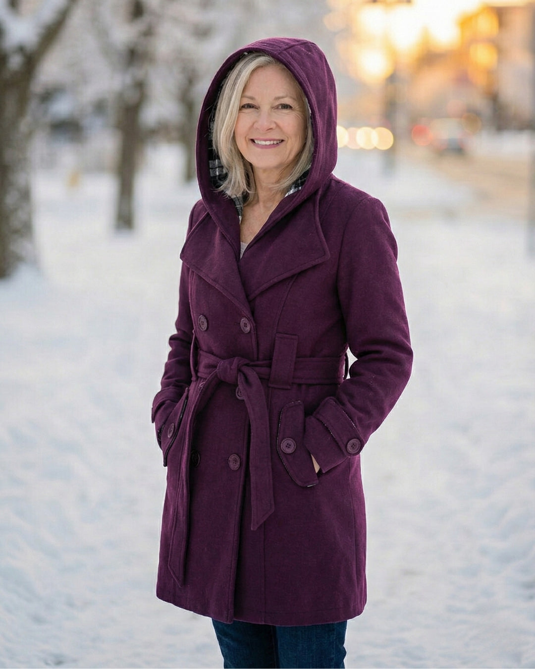 Purple wool belted coat with plaid-trim hood and buttoned front