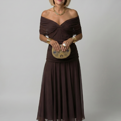 Off-shoulder flow maxi dress in dark brown with draped sweetheart neckline