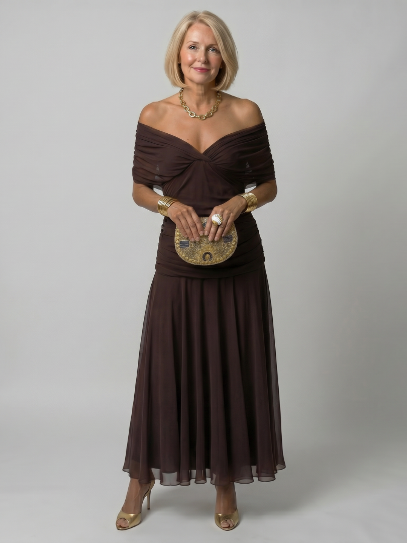 Off-shoulder flow maxi dress in dark brown with draped sweetheart neckline
