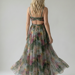 Soft wrap maxi dress, low back with V-back cut, multicolor floral print