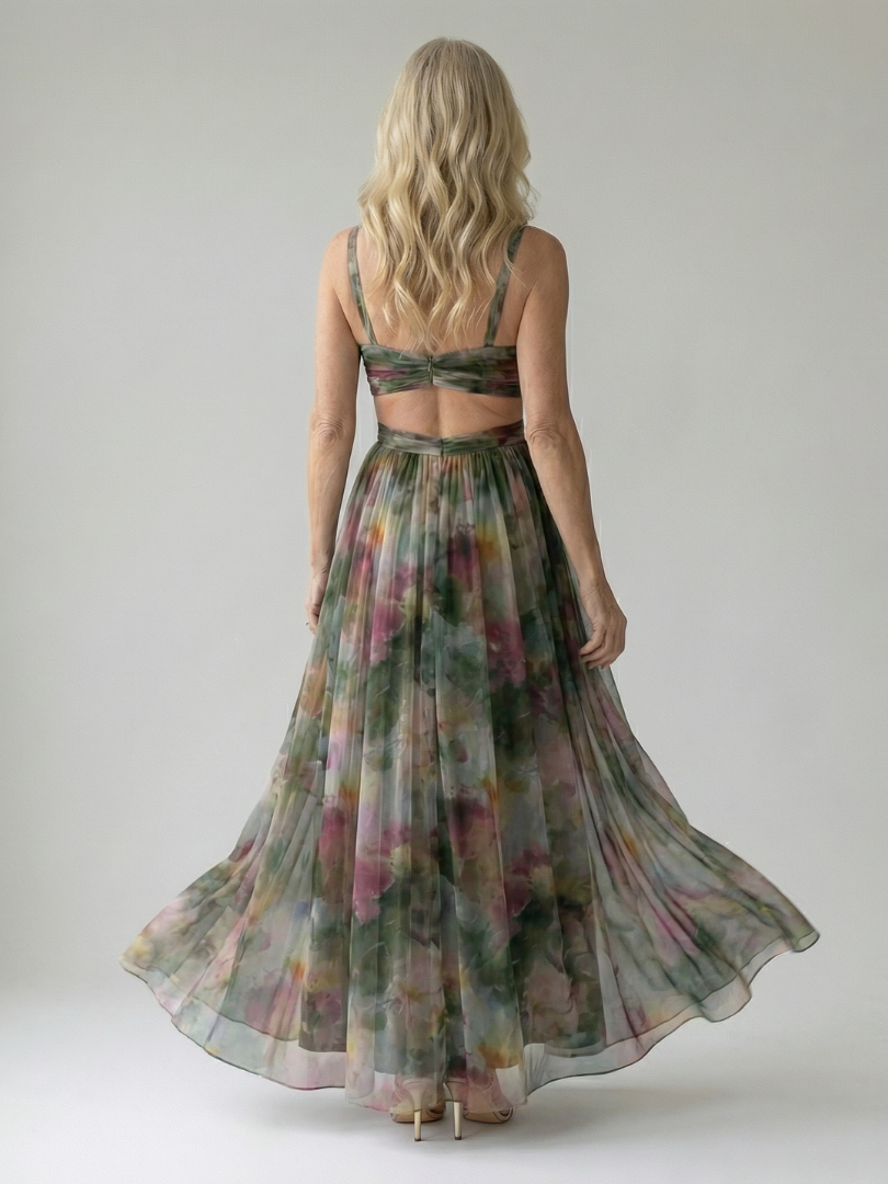 Soft wrap maxi dress, low back with V-back cut, multicolor floral print