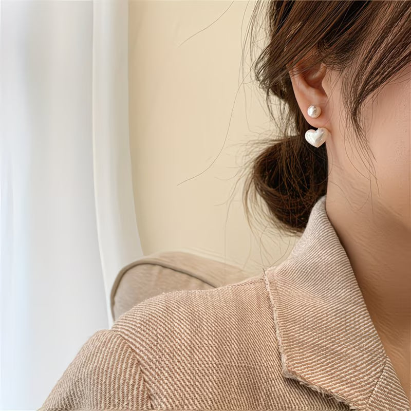 Heart drop earrings with pearl stud and white pearl heart on gold posts