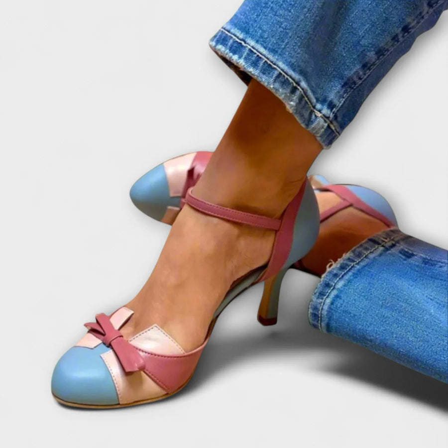 Color-block heeled sandals: pink ankle strap, light blue toe and side panels