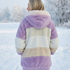 Colorblock plush jacket, back view, hood with white drawstrings; lavender and cream colorblock