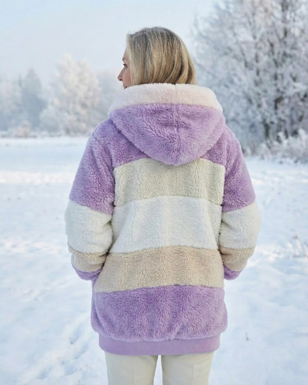 Colorblock plush jacket, back view, hood with white drawstrings; lavender and cream colorblock