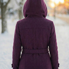Back view of purple wool belted coat with hood and long sleeves