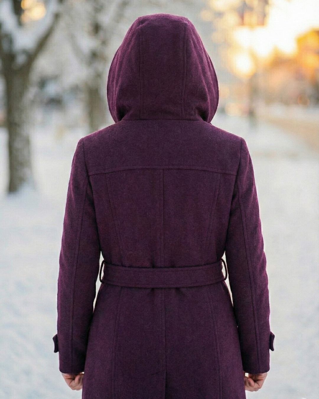 Back view of purple wool belted coat with hood and long sleeves