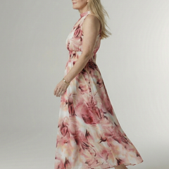 Gathered halter midi dress, pink floral tie-dye halter with flowing midi skirt