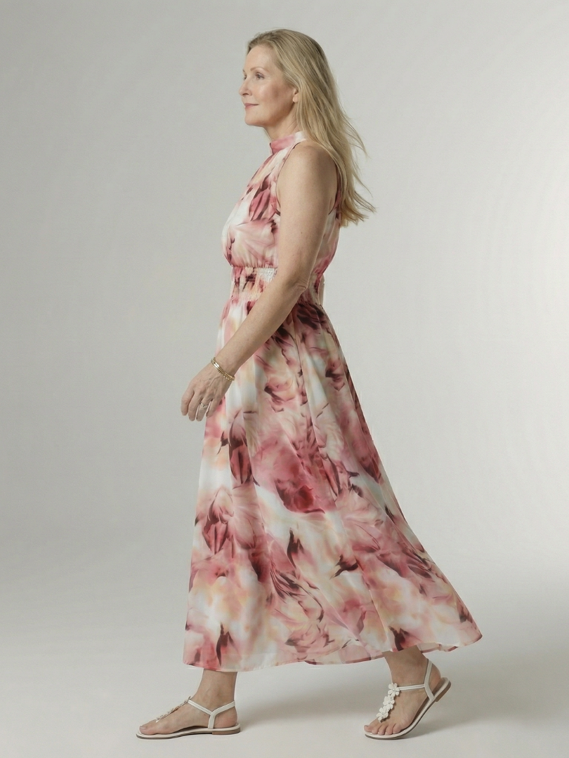 Gathered halter midi dress, pink floral tie-dye halter with flowing midi skirt