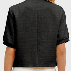 Black cropped tweed blazer jacket back view with center seam and short sleeves