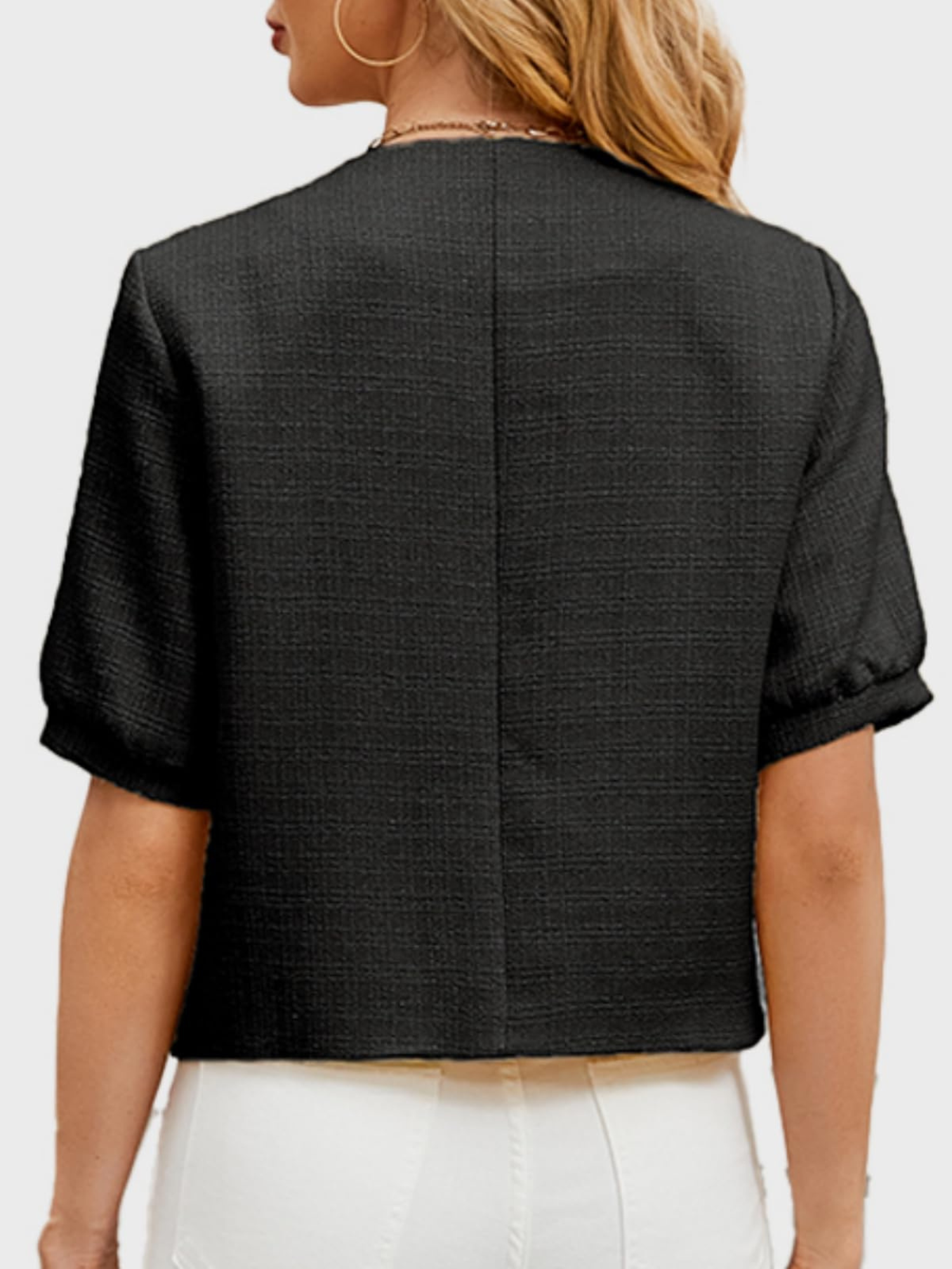 Black cropped tweed blazer jacket back view with center seam and short sleeves