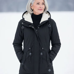 Black sherpa-lined parka with hood, zip front, drawstring cords, and snap button pockets