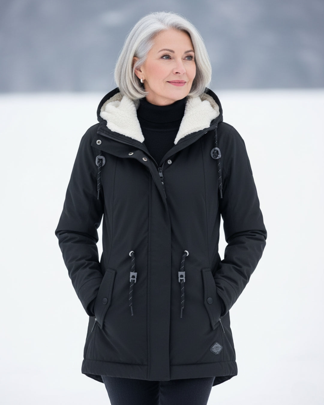 Black sherpa-lined parka with hood, zip front, drawstring cords, and snap button pockets