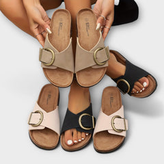 Assorted color open-toe sandals with gold buckles and cork soles