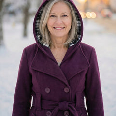 Purple wool coat with plaid collar and hood, double-button front, belted waist