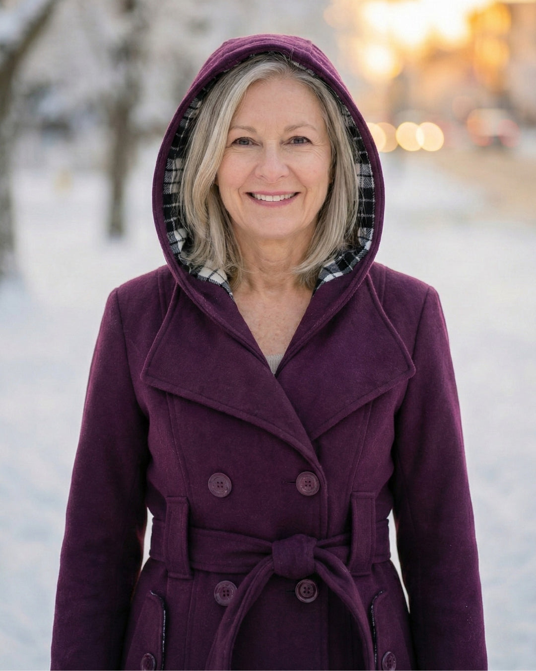 Purple wool coat with plaid collar and hood, double-button front, belted waist