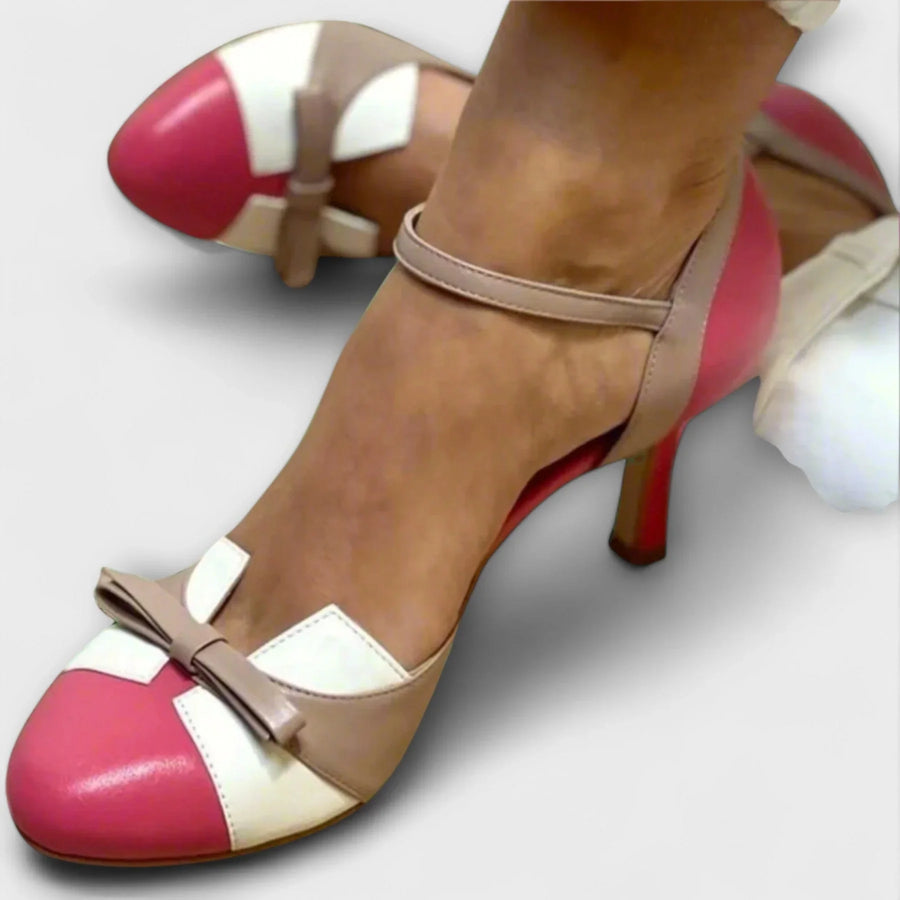 Color-block heeled sandals with tan ankle strap, pink-red toe, white heel