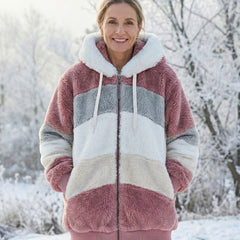 Colorblock plush hooded jacket with zip, mauve, light gray, and cream blocks.
